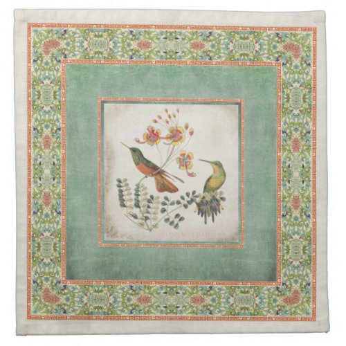 Chinoiserie Vintage Hummingbirds n Flowers Coral Napkin