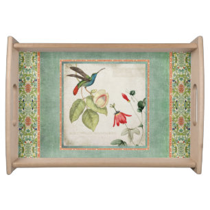 Chinoiserie Vintage Hummingbirds n Flowers Coral Serving Tray