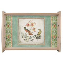 Chinoiserie Vintage Hummingbirds n Flowers Coral Serving Tray