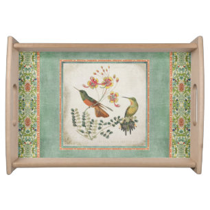 Chinoiserie Vintage Hummingbirds n Flowers Coral Serving Tray