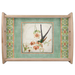 Chinoiserie Vintage Hummingbirds n Flowers Coral Serving Tray