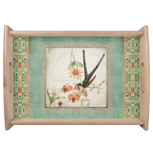 Chinoiserie Vintage Hummingbirds n Flowers Coral Serving Tray