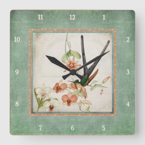 Chinoiserie Vintage Hummingbirds n Flowers Coral Square Wall Clock
