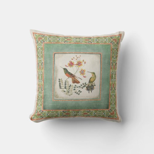 Chinoiserie Vintage Hummingbirds n Flowers Coral Throw Pillow