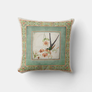 Chinoiserie Vintage Hummingbirds n Flowers Coral Throw Pillow