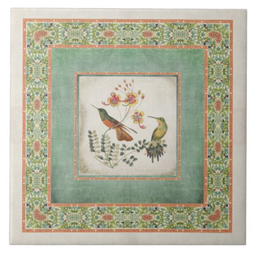 Chinoiserie Vintage Hummingbirds n Flowers Coral Tile