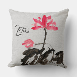 Chinoiserie Vintage Ink Wash Painting Floral Lotus Throw Pillow