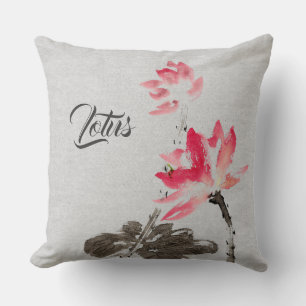 Chinoiserie Vintage Ink Wash Painting Floral Lotus Throw Pillow