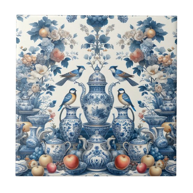 Chinoiserie Vintage Style Birds & Vases Pillow Ceramic Tile (Front)