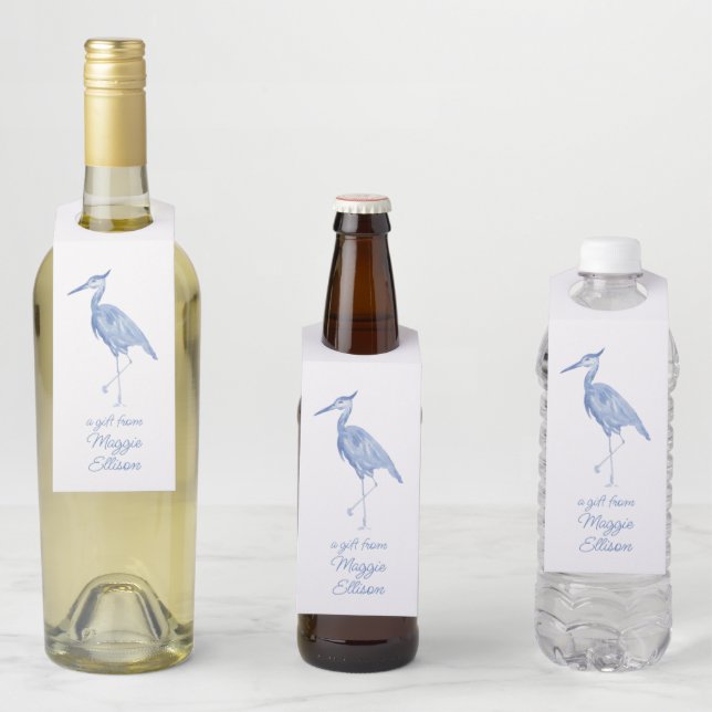 Chinoiserie Watercolor Blue Heron Bird Bottle Hanger Tag (In Situ)