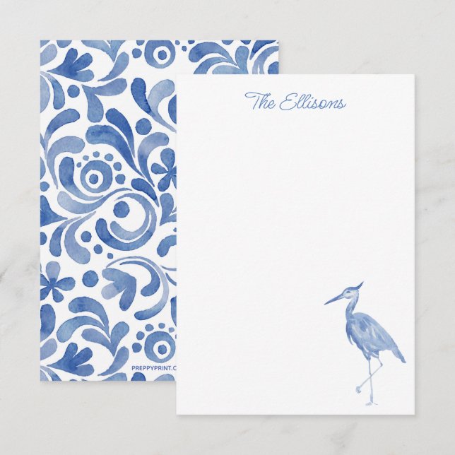 Chinoiserie Watercolor Blue Heron Bird Note Cards (Front/Back)