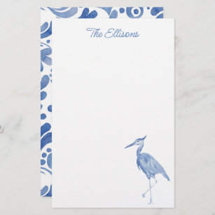 Chinoiserie Watercolor Blue Heron Bird Stationery