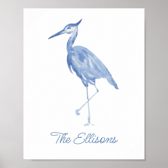 Chinoiserie Watercolor Blue Heron Poster (Front)
