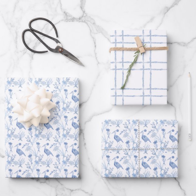 Chinoiserie Watercolor Blue Heron Wrapping Paper (Front)