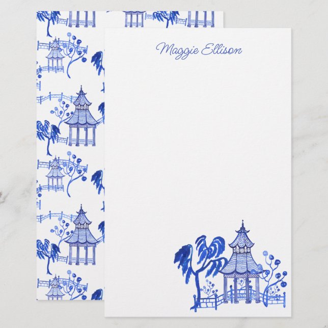 Chinoiserie Watercolor Blue Pagoda Stationery (Front/Back)