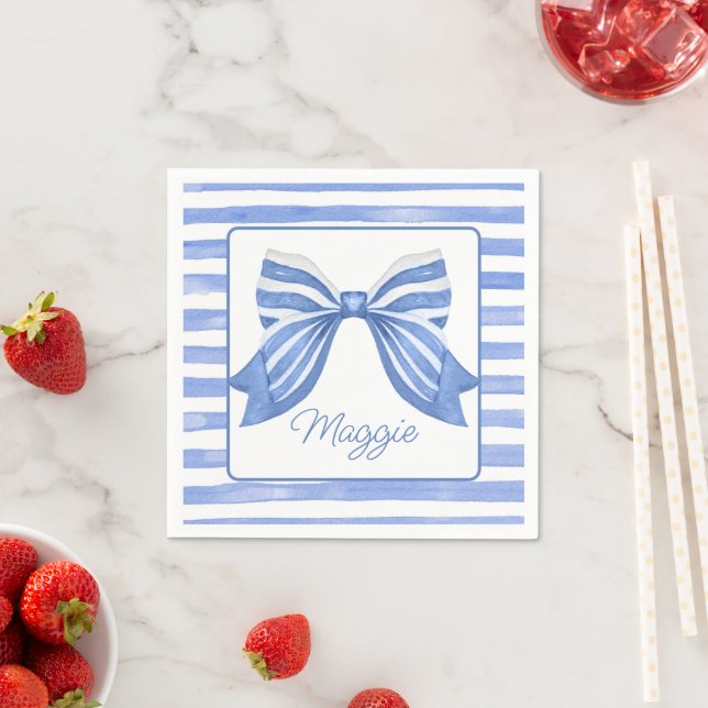 Chinoiserie Watercolor Blue Striped Bow  Napkins (Insitu)