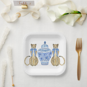 Chinoiserie Watercolor Bow Cheetah Ginger Jar Paper Plates