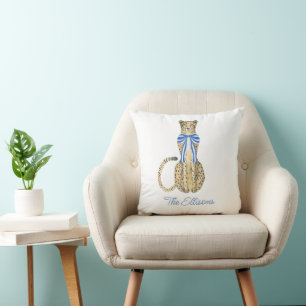 Chinoiserie Watercolor Bow Cheetah Throw Pillow