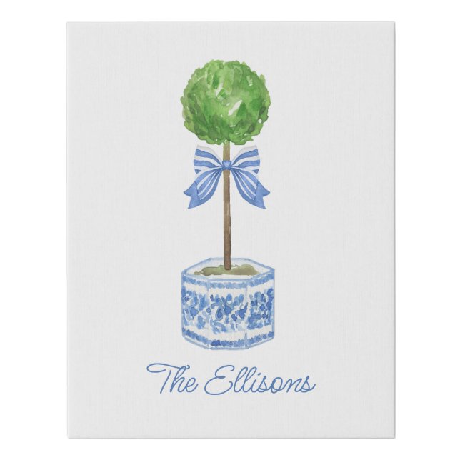 Chinoiserie Watercolor Bow Topiary Faux Canvas Print (Front)