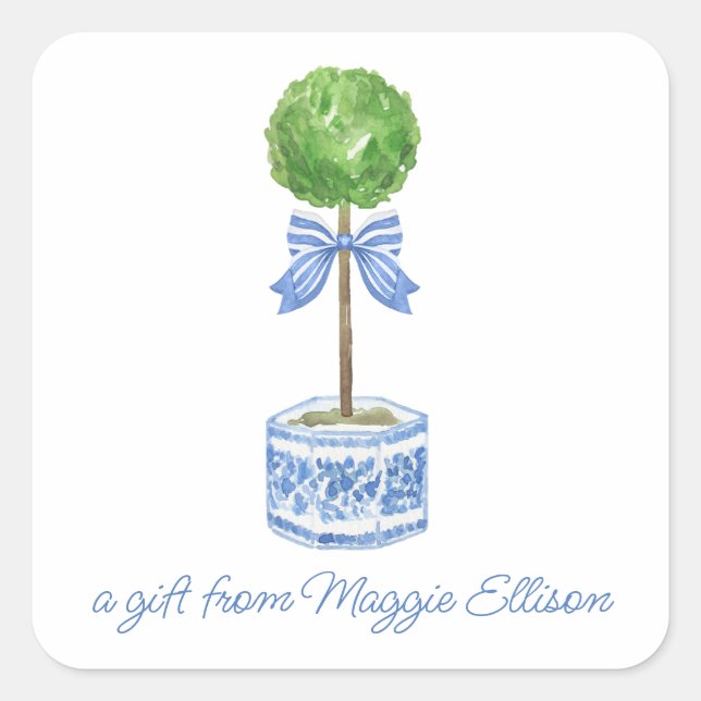 Chinoiserie Watercolor Bow Topiary Gift  Square Sticker (Front)