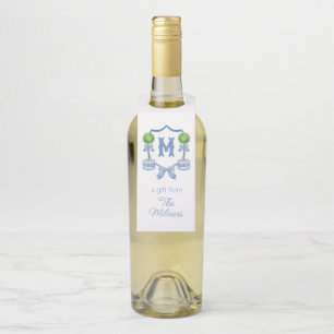 Chinoiserie Watercolor Bow Topiary Monogram Crest Bottle Hanger Tag