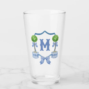 Chinoiserie Watercolor Bow Topiary Monogram Crest Glass