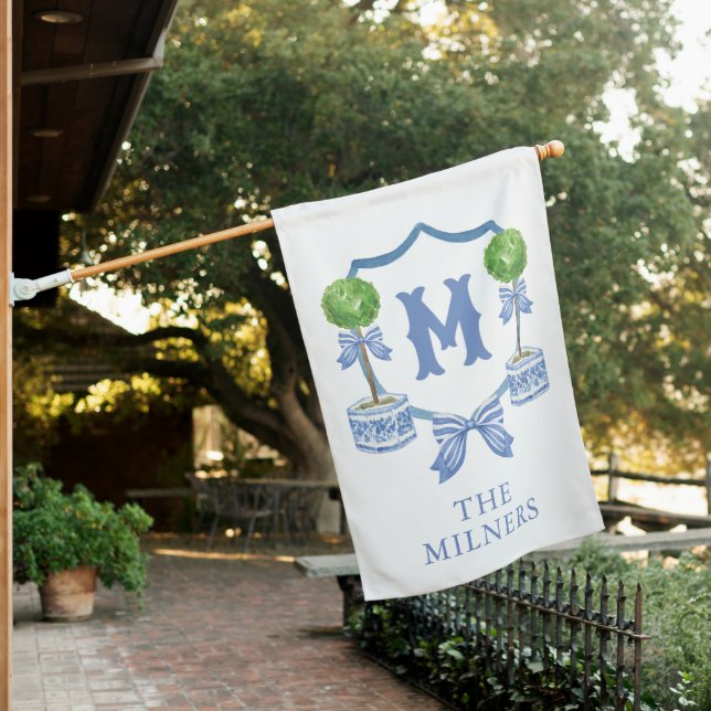 Chinoiserie Watercolor Bow Topiary Monogram Crest House Flag (In SItu)