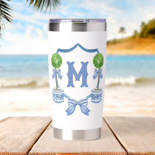 Chinoiserie Watercolor Bow Topiary Monogram Crest Insulated Tumbler