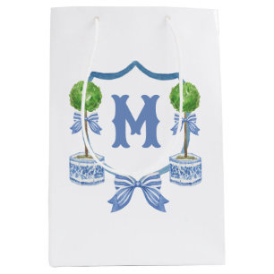 Chinoiserie Watercolor Bow Topiary Monogram Crest Medium Gift Bag