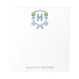 Chinoiserie Watercolor Bow Topiary Monogram Crest Notepad