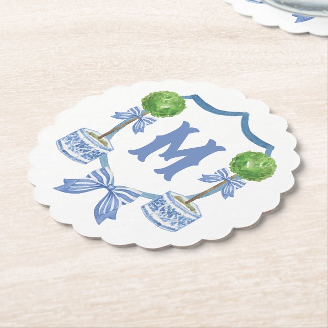 Chinoiserie Watercolor Bow Topiary Monogram Crest Paper Coaster (Angled)
