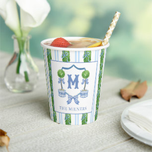 Chinoiserie Watercolor Bow Topiary Monogram Crest Paper Cups