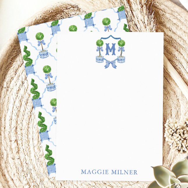 Chinoiserie Watercolor Bow Topiary Monogram Crest Thank You Card (Creator Uploaded)