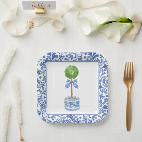 Chinoiserie Watercolor Bow Topiary Party Plates