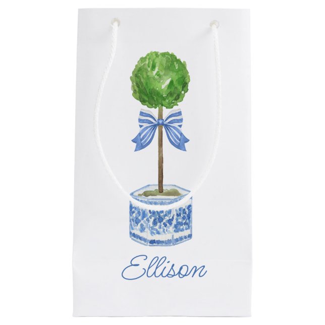 Chinoiserie Watercolor Bow Topiary Small Gift Bag (Front)