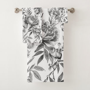 Chinoiserie Watercolor Floral Botanical Painting Bath Towel Set