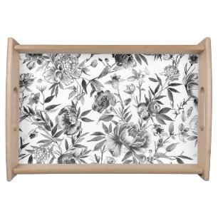 Chinoiserie Watercolor Floral Botanical Painting Serving Tray