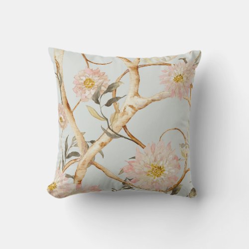 Chinoiserie Watercolor Floral Dusty Blue n Pink Throw Pillow