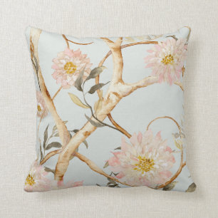 Chinoiserie Watercolor Floral Dusty Blue n Pink Throw Pillow