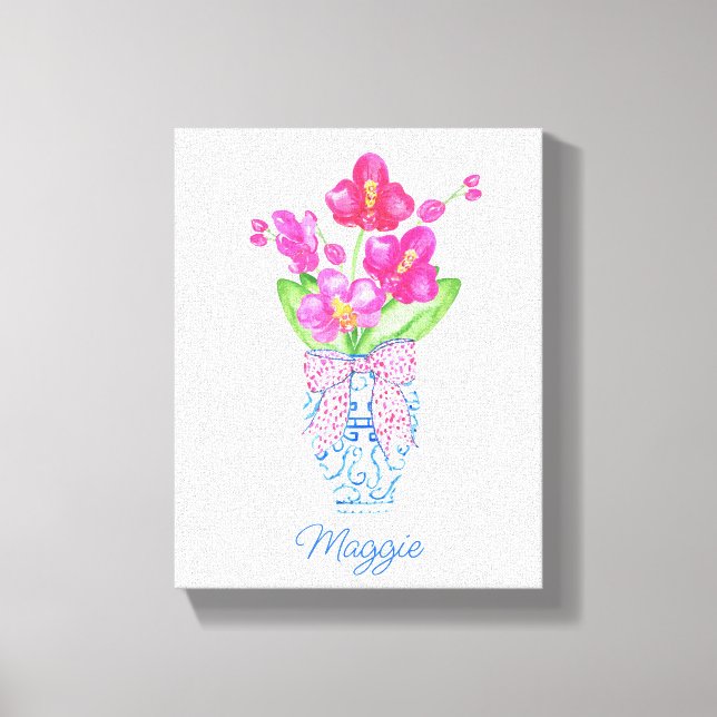 Chinoiserie Watercolor Ginger Jar Orchids Canvas Print (Front)