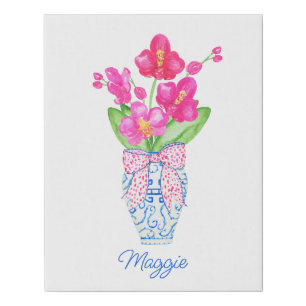 Chinoiserie Watercolor Ginger Jar Orchids Faux Canvas Print