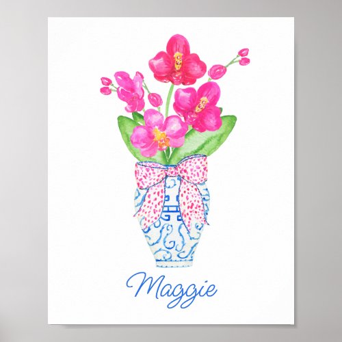 Chinoiserie Watercolor Ginger Jar Orchids Poster