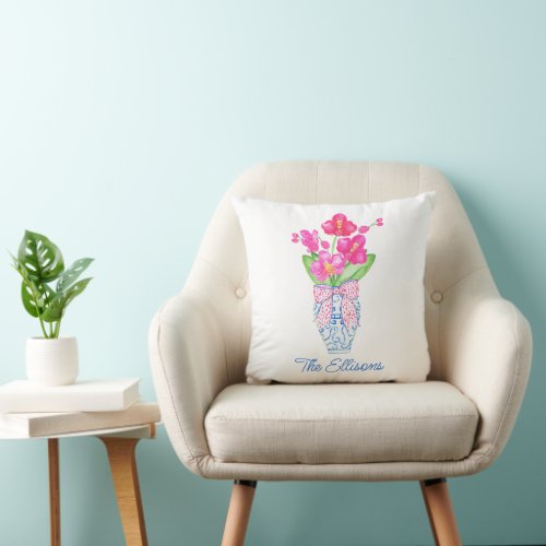 Chinoiserie Watercolor Ginger Jar Orchids Throw Pillow