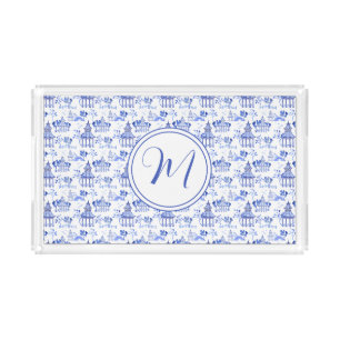 Chinoiserie Watercolor Pagoda Pattern Monogram Acrylic Tray
