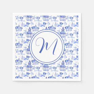 Chinoiserie Watercolor Pagoda Pattern Monogram Napkins