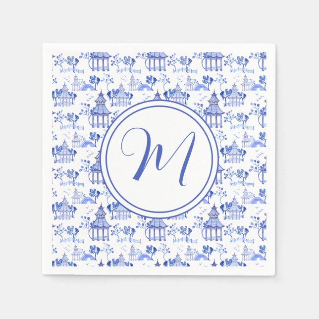 Chinoiserie Watercolor Pagoda Pattern Monogram Napkins (Front)