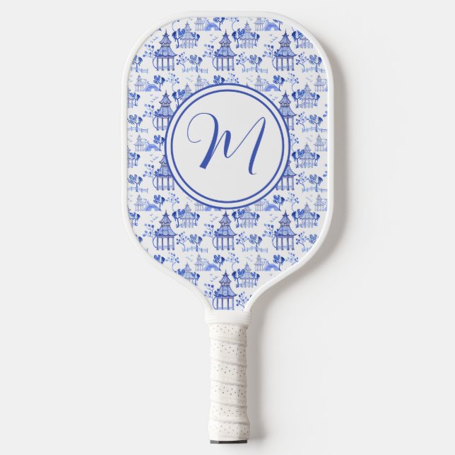 Chinoiserie Watercolor Pagoda Pattern Monogram Pickleball Paddle (Front)
