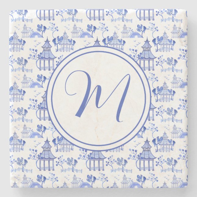 Chinoiserie Watercolor Pagoda Pattern Monogram Stone Coaster (Front)