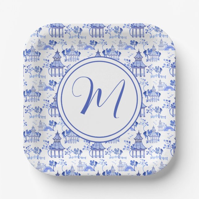 Chinoiserie Watercolor Pagoda Pattern Paper Plates (Front)