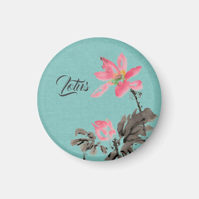 Chinoiserie Watercolor painting Floral Lotus Green Magnet (Front)
